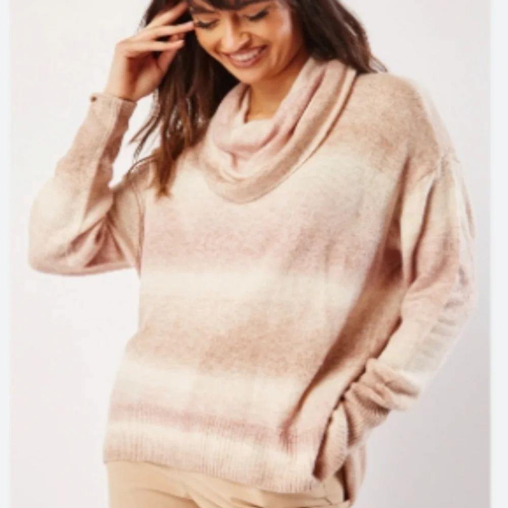 American Eagle Brown/Tan/Pink Ombre Striped Super Soft Cowl Neck Sweater S NWT - Picture 2 of 8